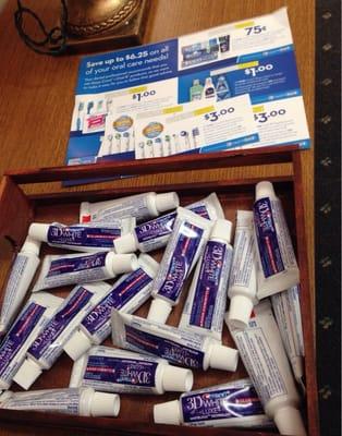 Toothpaste and coupons provided in the waiting area