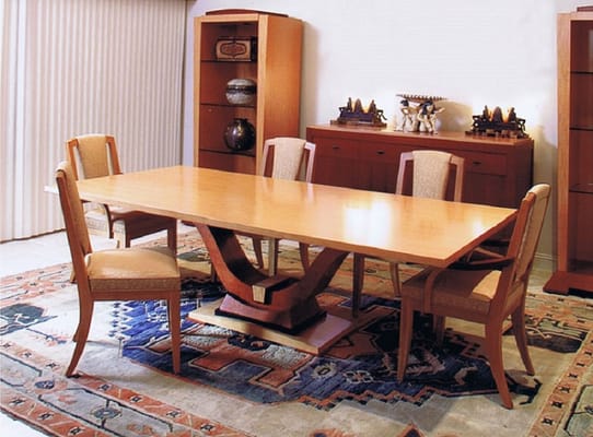 The Harp Dining Table ,  Diedre etigere in lacewood and sycamore.