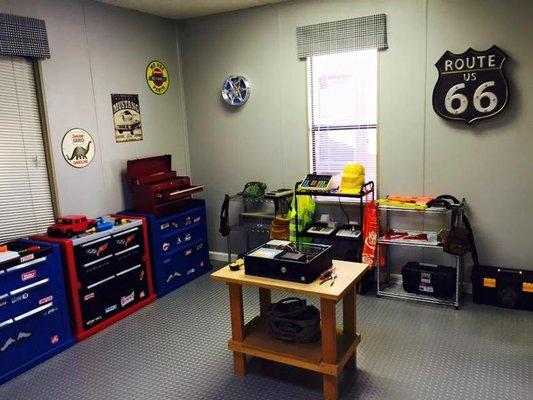 Our Mechanics Room where students use real tools to take apart old electronics.