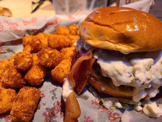 Blackened Bleu Burger with tots