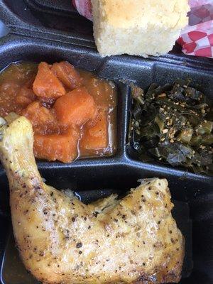 Lemon pepper baked chicken, Collards, Southern Yams and Corn Bread