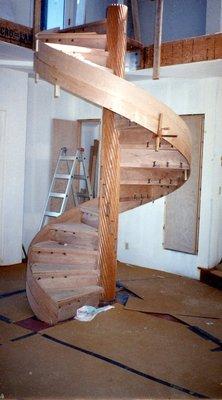 Lou Kern Custom Wooden Clausen Spiral Staircase partly finished. Lou Kern Master Woodworker. Wood Furniture Artisan Oakland, San Francisco.