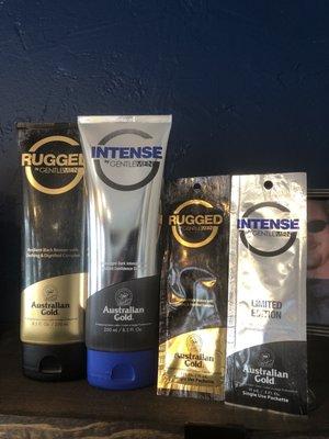 Sexy smelling Australian Gold Men's line of Bronzers, Intensifiers and Tan Extending Lotions!