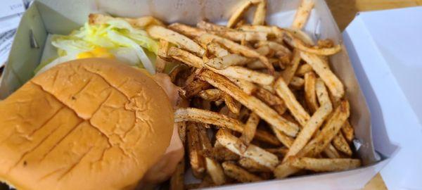 Beef burguer fries and salad