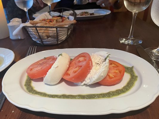 Mozzarella di Bufala: Bufala Mozzarella Cheese with Heirloom Tomatoes and Pesto. DELICIOUS!!!