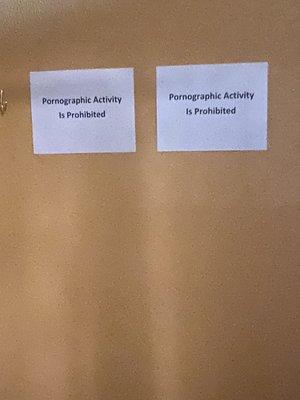 Signs posted in the rooms.