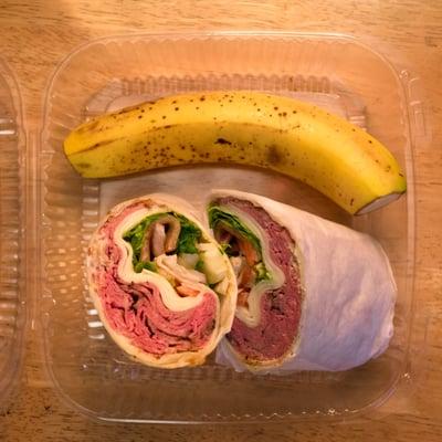 Combo meal for the price of a sandwich! Roast beef wrap and a... banana.