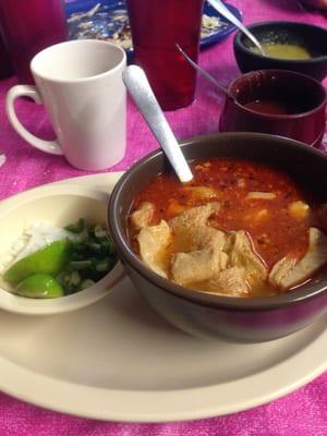 Small Menudo: stuffed full with honeycomb tripa, some hominy, and a bay leaf. Red broth bursting with flavor.