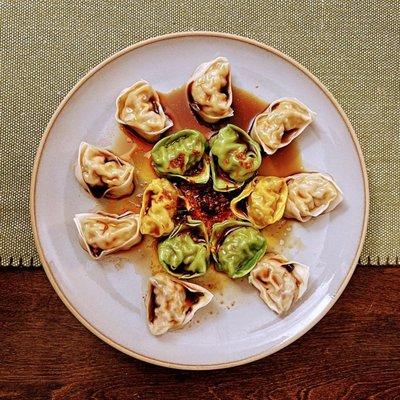 Pork and Shiso (green)/ Pork and Shitake (yellow)/Chicken and Kabocha (white top)/Chicken, Shitake and Woodear (white bottom)