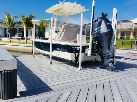 Walk around drop down dock. Best way to keep your boat clean and fully accessible. Custom built by Duane Thomas Marine Construction