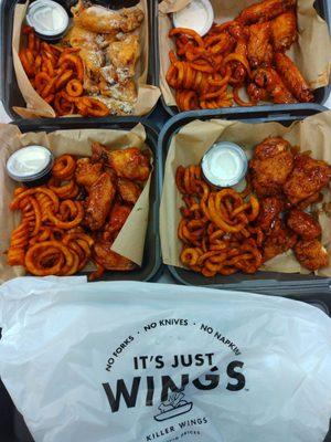 4 different flavors. Top left: Ranch, right apple BBQ, bottom left: something chipotle right mango habanero boneless