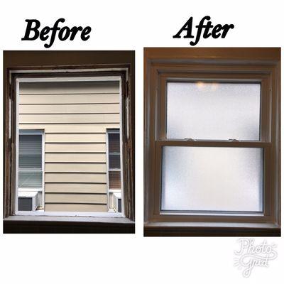 Bathroom window replaced with new frosted double hung window