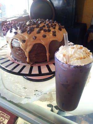 Iced caramel Macchiato and peanut butter chocolate cake