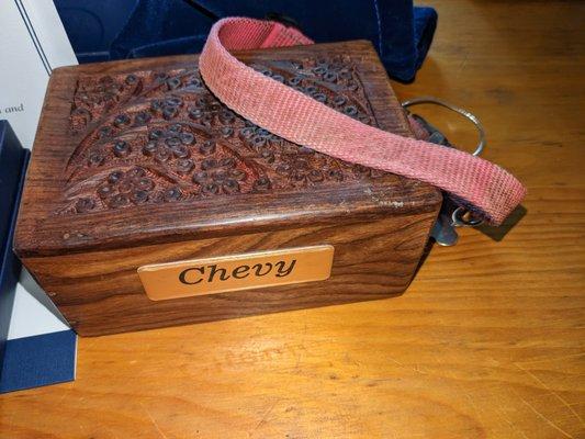 HAnd engraved box where Chevy's ashes are in