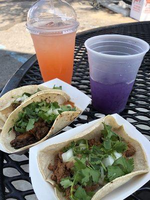 Agua fresca from Delicia (purple). Mangoade and mouthwatering tacos from La Chinita Poblana