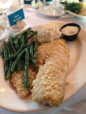 Walleye with green beans and mashed potatoes