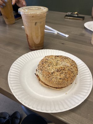 Bagel sandwich and s'mores Iced Latte