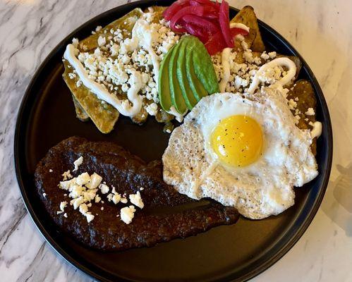 Green Chilaquiles with nopal tortilla chips