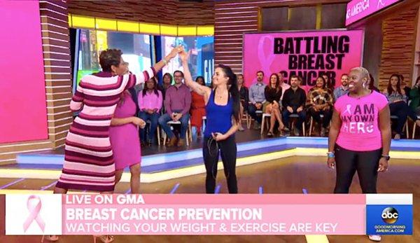 On Good Morning America for Breast Cancer Awareness Month. 3-4 hours of exercise per week can drop breast cancer by 30-40% !