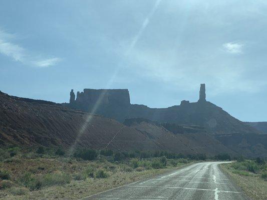 Castleton Tower and priests and nuns monuments after a rain.