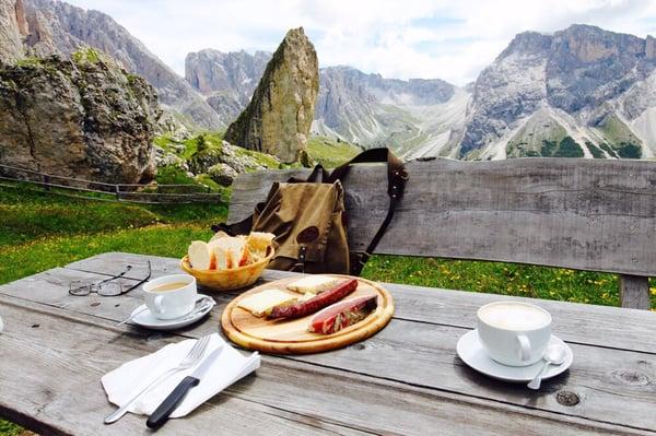 A typical lunch at a family run rifugi in the UNESCO World Heritage Site Italian Alps or Dolomite Mountains.