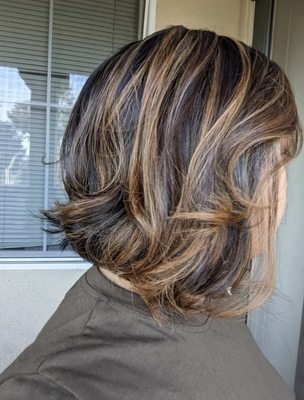 Medium Caramel highlights and lob cut