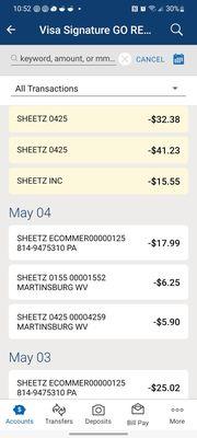 A few of my daily Sheetz transactions.