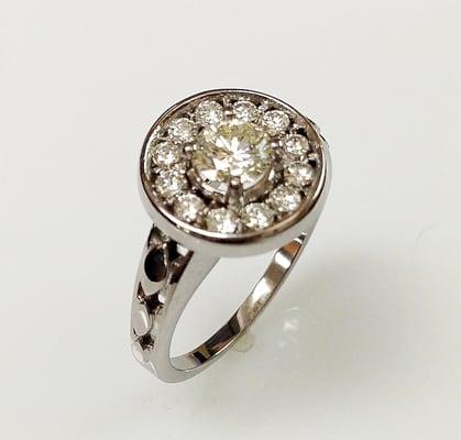 Ladies white gold diamond halo engagement ring Ginis Goldsmiths, Midland, MI