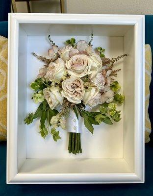 White 12 x 16 shadowbox with preserved wedding bouquet