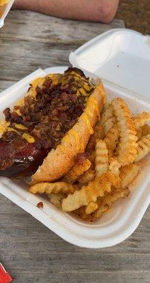 Sausage dog with cheese bacon and chili and fries with amazing seasoning