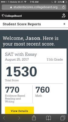 Jason, one of our student got 1530 for SAT