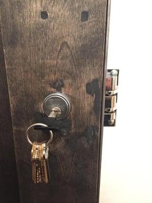 Multlock rim cylinder with jimmy proof deadbolt installed on a sliding wood door.
 *Custom installation.