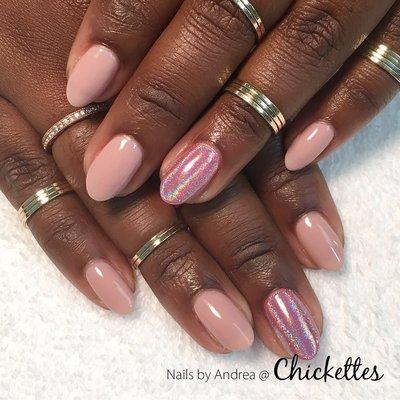 Lovely pink holographic gel polish manicure