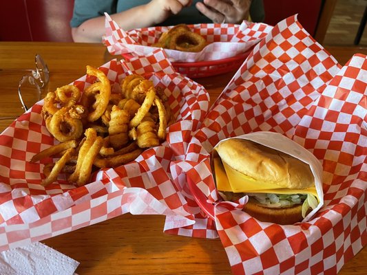 Cheeseburger and curly fries.