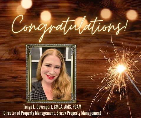 Director of Property Management, Tonya L. Davenport, earns high ranks of PCAM!  Tonya joins 3400 in the world with this elite achievement.