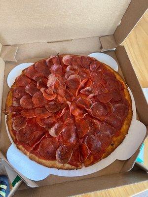 Double Pepperoni pizza. Gluten free crust 1/4" thin.