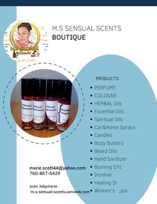 M.S Sensual Scents 
m-s-sensual-scents.ueniweb.com 
Www.facebook.com/scentsbymarie1 
Www.instagram.com/scen_tsbymarie