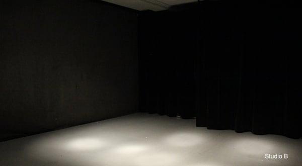 Rehearsal Studio B - Black box, large stage with theatre seats - sets and prop pieces, flood spot lights