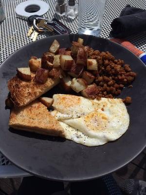 The two egg breakfast with the best vegan sausage I've ever had!