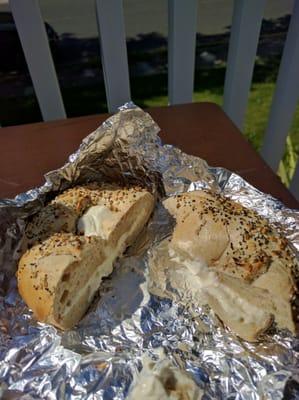 About the same size as a flagel from their competitor, round dough. Wrong cream cheese too.