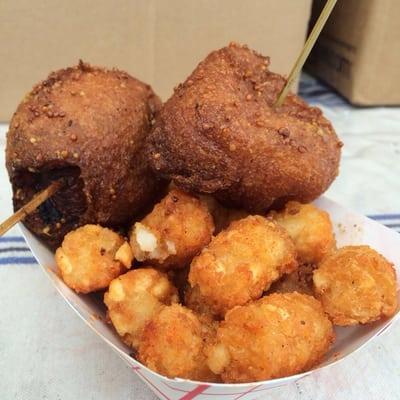 Pork belly corndogs with tater tots