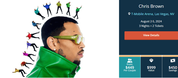 Dance the night away to Chris Brown,  including hotel stay, transportation to and from the event, and two tickets to the show.