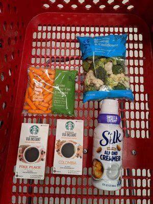 Good & Gather bagged carrots, broccoli, and cauliflower. Starbucks instant coffee. Silk almond creamer. $19.56 after tax.