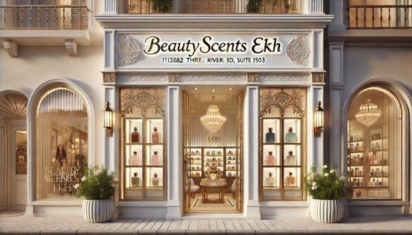 The BeautyScents EKH storefront is modern and inviting, with large glass windows showcasing luxurious perfumes