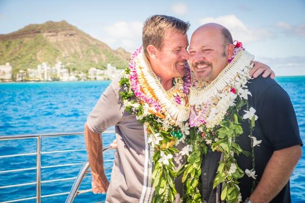 the loveboat grooms! hawaii gay wedding, lgbt, boat cruise, hawaii wedding, diamond head, ocean, waikiki