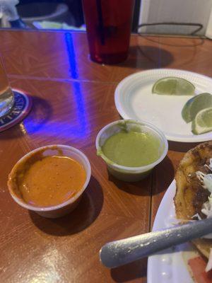 Salsas. Verde y rojo. The red sauce has ground peanut, both are homemade and super good!!!