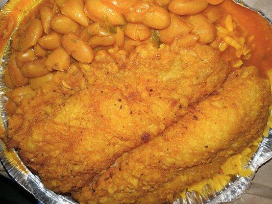 Yellow rice, beans, fried fish filet