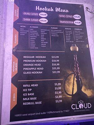 Hookah menu