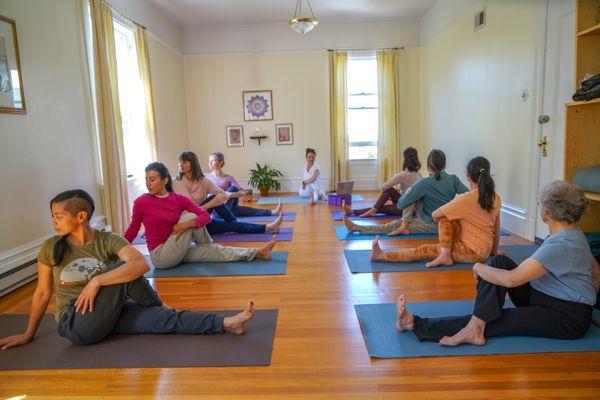 Hatha class in Jyothi room at the Institute.