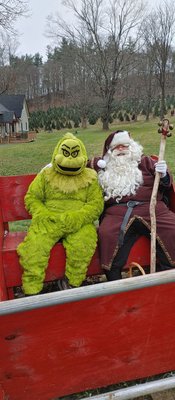 Santa and the Grinch at Shale Hills Farm.